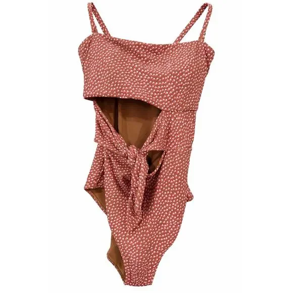 Aerie S/P Tie Front Cutout One Piece Swimsuit Polka Dot Full Coverage Resort - Picture 2 of 10